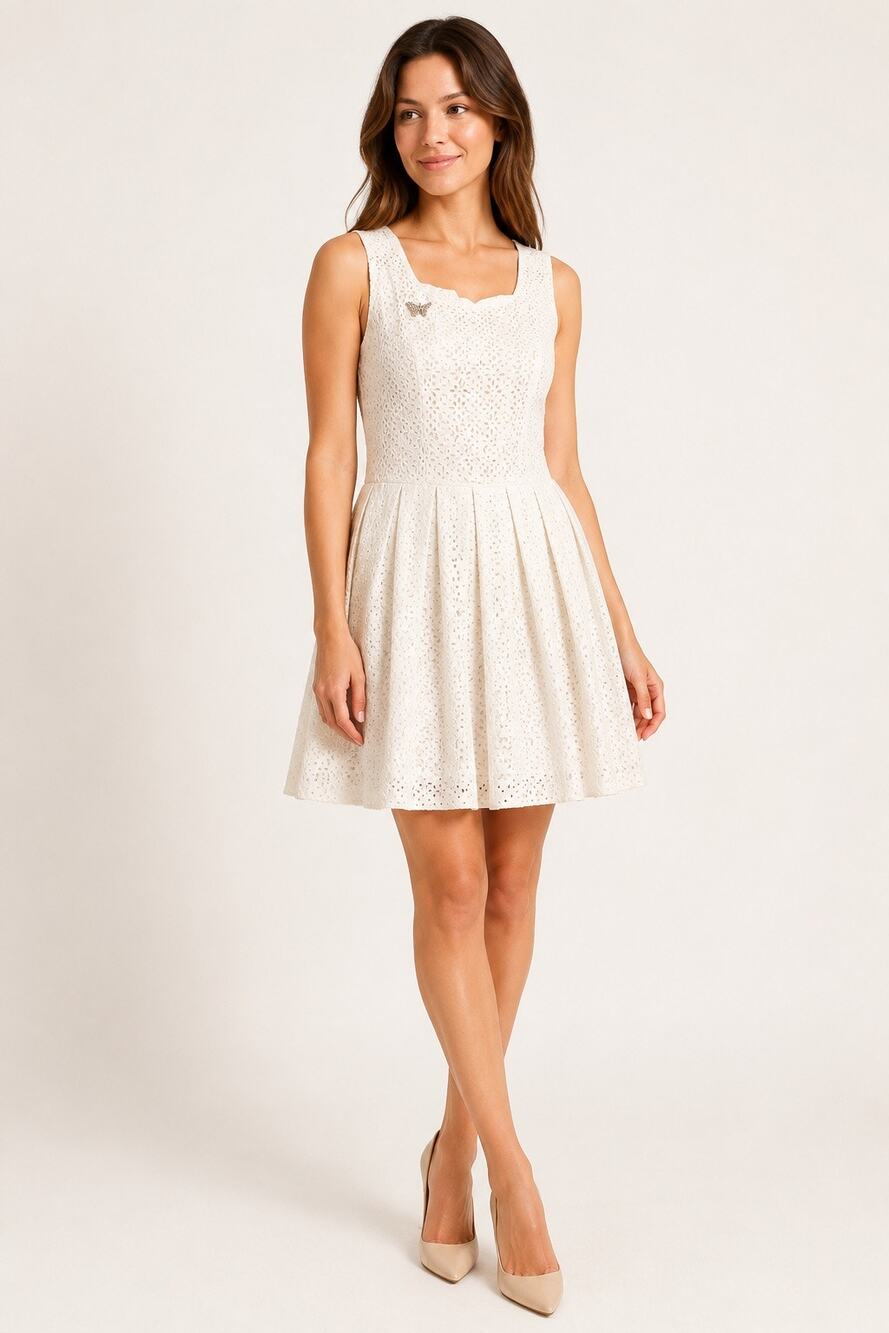RED Valentino White Eyelet Fit & Flare Dress Sleeveless Butterfly Brooch